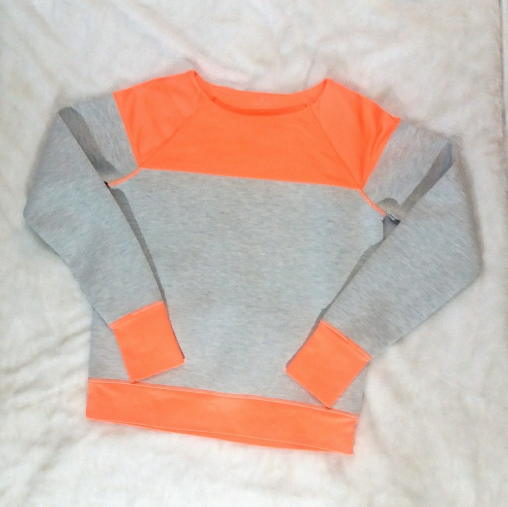Athleta Grey and Neon Orange Colorblock Sweatshirt